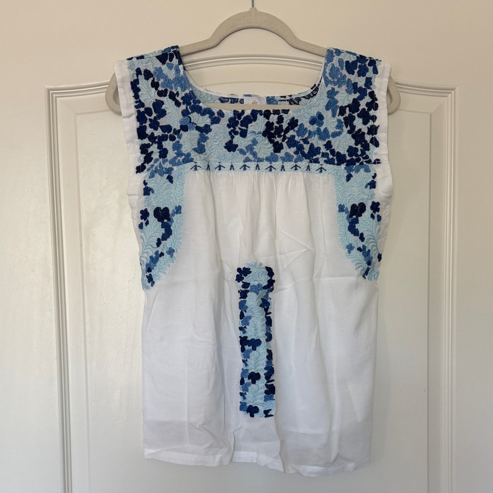 Floral Embroidered Blue and White Blouse